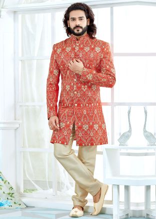 Orange Embroidered Readymade Sherwani 
