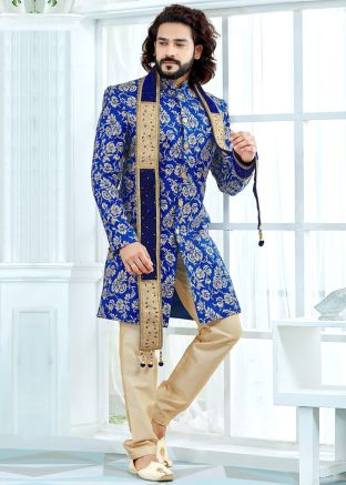 Blue Art Silk Readymade Woven Sherwani