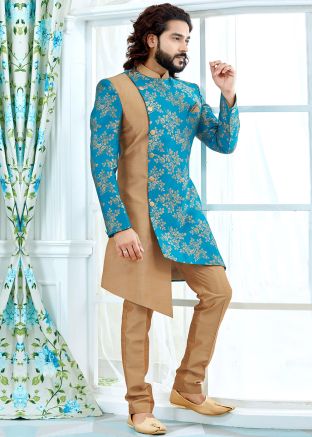 Sky Blue Art Silk Jacquard Assymmetric Sherwani