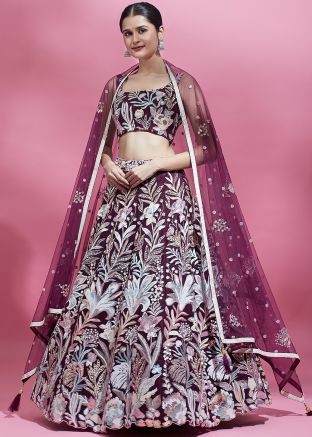 Wine Net Lehenga Choli In Embroidery
