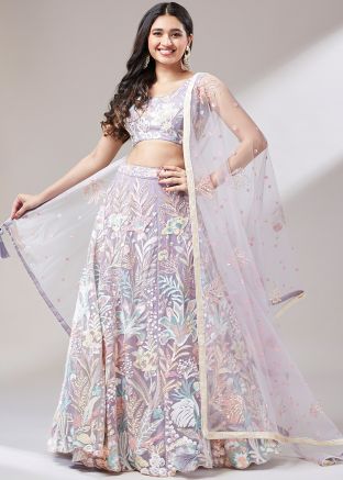 Purple Net Lehenga Choli In Embroidery