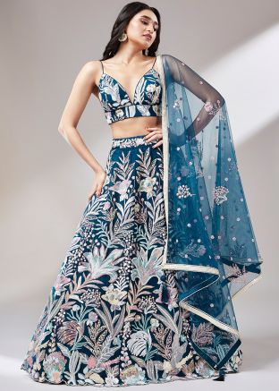 Blue Net Lehenga Choli In Embroidery