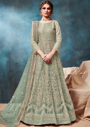 Green Net Embroidered Anarkali Salwar Kameez
