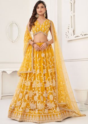 Yellow Embroidered Net Lehenga Choli Set