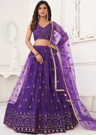 Purple Embroidered Net Lehenga Choli