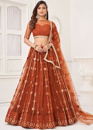 Brown Net Lehenga Choli In Sequins Embroidery