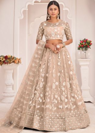 Beige Net Lehenga Choli In Sequins Embroidery