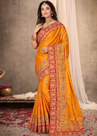 Yellow Heavy Border Embroidered Satin Saree