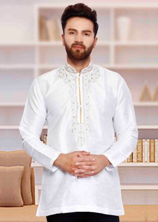 White Readymade Dupion Silk Short Kurta