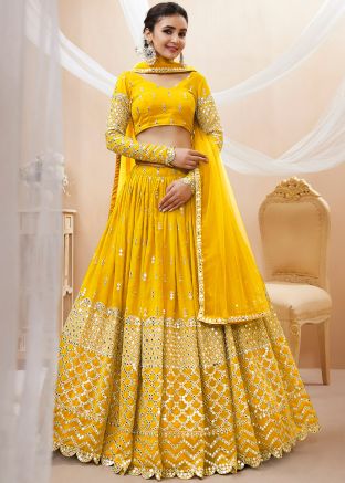 Yellow Georgette Lehenga Choli In Dori Embroidery