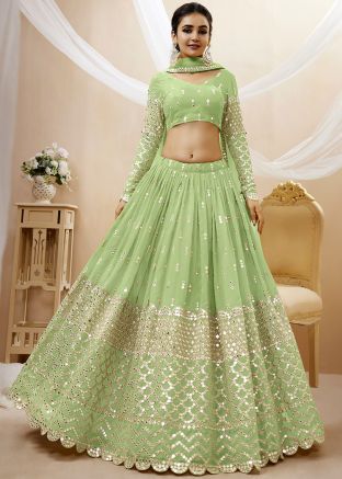 Green Mirror Embellished Georgette Lehenga Choli