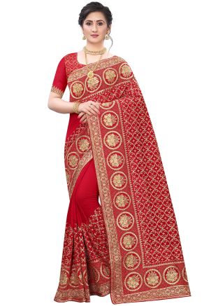 Red Embroidered Heavy Border Bridal Saree