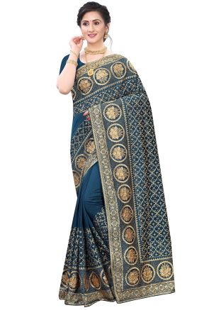 Blue Embroidered Heavy Border Saree With Blouse