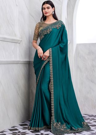 Teal Green Embroidered Saree In Art Silk