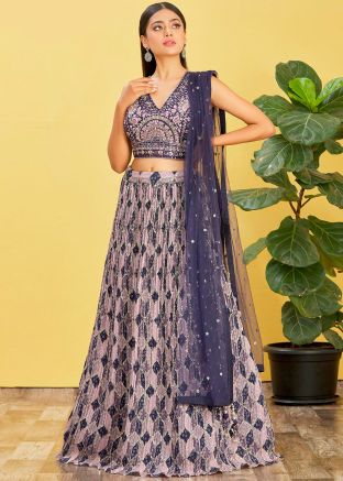 Blue Embroidered Lehenga Choli In Chiffon