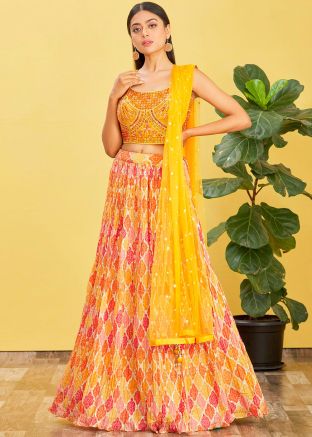 Yellow Chiffon Lehenga Choli In Mirror Work
