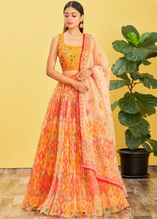 Yellow Organza Lehenga Choli In Printed Work