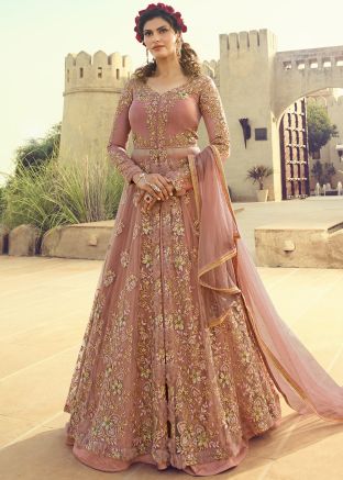 Indian Dress Online USA - Light Pink Front Slit Kurti Style Lehenga
