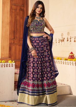 Navy Blue Printed Lehenga Choli In Silk
