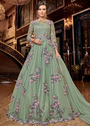 Green Floral Embroidered Net Anarkali Salwar Kameez