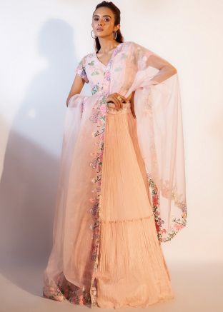 Pink Embroidered Lehenga Choli In Crape
