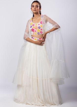 White Embroidered Lehenga Choli In Chiffon