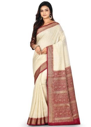 Cream Woven Pure Banarasi Silk Saree With Blouse