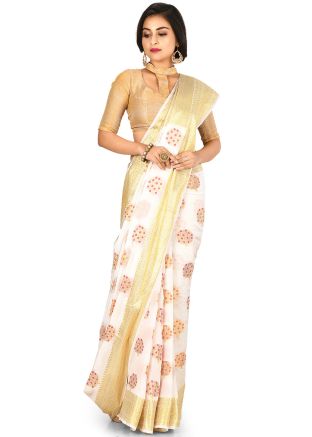 White Woven Pure Banarasi Silk Saree With Blouse