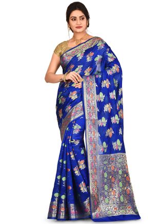 Blue Woven Pure Banarasi Silk Saree With Blouse