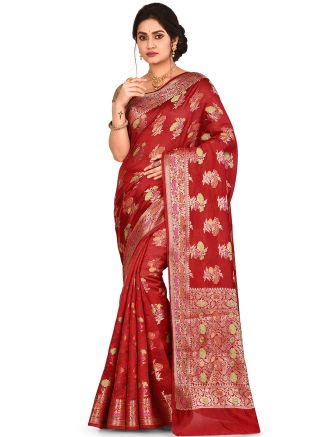 Red Floral Woven Pure Banarasi Silk Saree