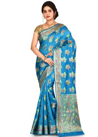 Blue Pure Banarasi Silk Floral Woven Saree