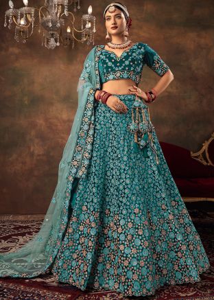 Choose Blue Embroidered Bridal Lehenga Choli In Velvet Online Panash India USA
