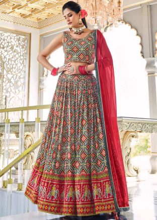 Green Printed Lehenga Choli In Cotton