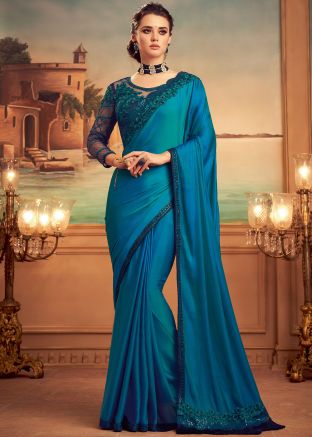 Blue Embroidered Partywear Silk Saree With Blouse