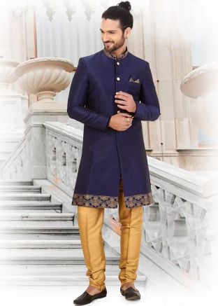 Readymade Indo Western Silk Sherwani In Navy Blue