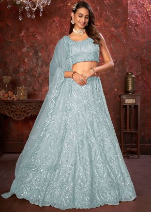 Blue Sequins Embellished Lehenga Choli In Net