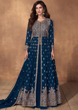 Blue Embroidered Georgette Front Slit Kurti Style Lehenga 