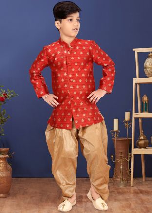 Red Readymade Woven Jacquard Kids Sherwani Set