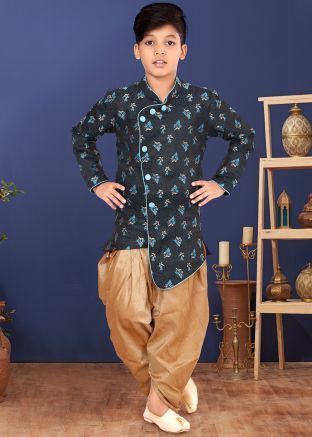 Black Readymade Asymmetric Woven Kids Sherwani Set