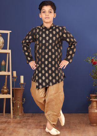 Readymade Black Asymmetric Woven Sherwani Set For kids