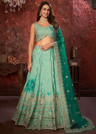 Turquoise Embroidered Crape Lehenga Choli 