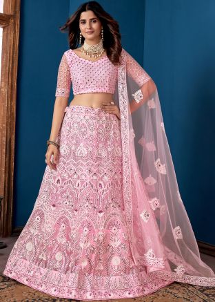 Pink Net Lehenga Choli In Thread Embroidery
