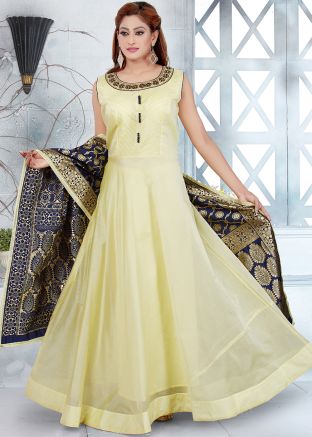 Yellow Readymade Chanderi Anarkali Suit