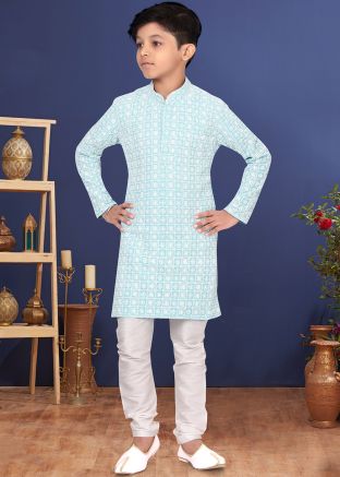 Blue Embroidered Kids Readymade Kurta Pyjama
