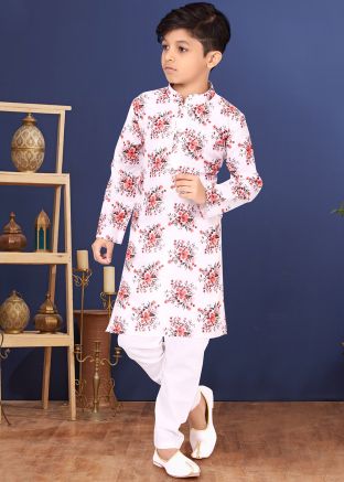 Readymade Kids White Floral Kurta Pyjama