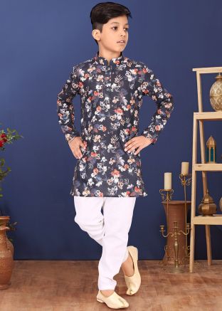 Grey Printed Readymade Cotton Kurta Pajama