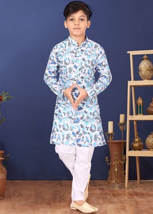 White Printed Kids Readymade Kurta Pajama