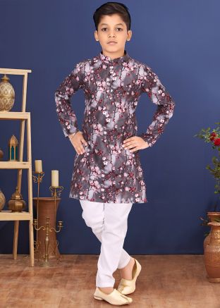 Grey Printed Kids Readymade Kurta Pyjama