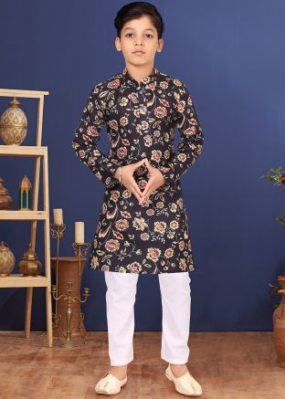 Black Floral Readymade Kurta Churidaar Set