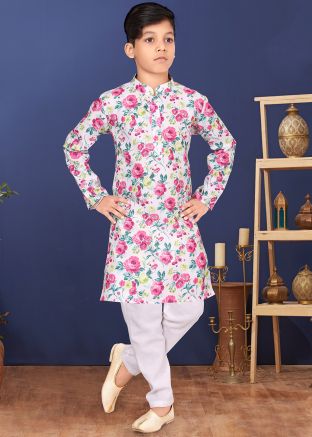 Kids White Floral Readymade Kurta Pajama